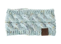 Chunky knit headband in light blue confetti yarn with a brown C.C leather patch - Light Blue Marl
