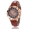 Women's rose gold watch with sparkling diamond floral dial and brown leather strap - Brown