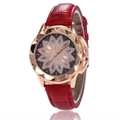 Women's watch with red leather strap, rose gold case and sparkling diamond lotus dial - Red