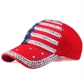 Red baseball cap with US flag design and sparkling rhinestones on the brim - Adjustable / Red