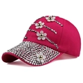 Detail of rose red baseball cap with white 3D flowers and sparkling silver rhinestones - Adjustable / Rose Red