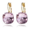 Detailed view of lever-back earrings featuring large lavender cushion-cut crystals - Pink