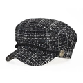 Close-up of black and white tweed newsboy cap with braided rope and gold metal button - Adjustable / Black and White Tweed Style (1)