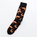 Mid-cut black socks featuring a creative orange shrimp pattern and ribbed cotton cuffs - One Size / Shrimp