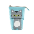 Light blue telescopic canvas pencil pouch with cute gray cat pattern and zipper - Light Blue/Grey Cat