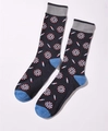 Detail of dark grey crew sock featuring blue heel and toe with colorful dartboard pattern - A285-Dark Grey Dartboard