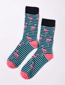 Detail of cotton crew socks with blue stripes, flamingo print and pink contrast heel - A287-Blue Striped Flamingo