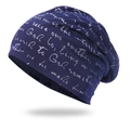 Unisex navy blue slouchy beanie with silver vintage letter print for autumn and winter - One Size / Navy Blue