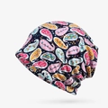Women's warm knit beanie with colorful ethnic paisley pattern in pink and yellow - Royal Blue Paisley