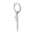 Silver stainless steel hoop earring with cross pendant and long metal chain on white background - Small Cross Ear Clip / Steel