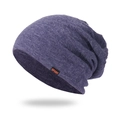 Dark purple slouchy knit beanie with SPORT tag and marled texture for winter sports - One Size / Blue