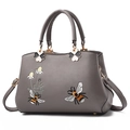Grey PU leather handbag with bee and daisy embroidery and golden metal hardware - Style C Double Bee Grey