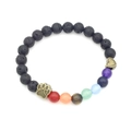 7 Chakra stone and lava rock beaded bracelet with bronze paw print and heart charms - Black Lava Rock/Bronze Accessories