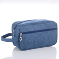 Blue linen style travel toiletry bag with side handle and front zipper pocket on white - 600D Frosted Navy With Side Handle