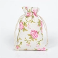 Floral drawstring cotton linen pouch with pink rose patterns for jewelry storage - 10x14cm / Rose
