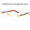 Rimless square glasses with gold frame, clear lenses, and leopard head wood temples - Clear Lens