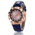 Elegant women's watch with rose gold flower case, diamond lotus dial, and navy leather strap - Blue