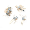 4-piece bridal hair set with blue fabric flowers, golden leaves, and pearls - Set 1 (4pcs) / Blue