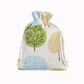 Cream drawstring cotton linen pouch with green trees and blue polka dot print - 10x14cm / Money Tree