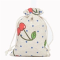 Cotton linen drawstring pouch with red cherry patterns and blue polka dots design - 10x14cm / Big Cherry