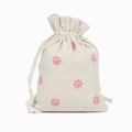 Linen drawstring pouch in beige with pink floral print for jewelry gift storage - 10x14cm / Pink Daisy