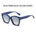 Vintage Y2K cat-eye sunglasses with blue frames and blue-yellow gradient lenses - Blue Frame Blue Yellow Lens