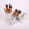 10pcs marble makeup brush set with rose gold accents and matching cylindrical storage case - Round Barrel Kit / 10 Piece Set / White