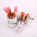 Detail of pink marble makeup brushes with rose gold ferrules in a matching storage case - Round Barrel Kit / 10 Piece Set / Pink