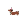 Cute enamel dachshund brooch with party hat and teal bow tie on white background - Dog