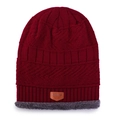 Winter knitted beanie in wine red with grey faux fur lining and leather patch detail - Fuschia