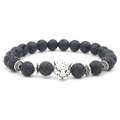 Close-up of black volcanic lava beads and a detailed silver leopard head on the bracelet - Silver