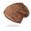 Detalle de gorro holgado de encaje marrón para mujer con bordado floral y diseño calado - Talla única / Caqui