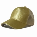 Glittering gold sequin ponytail baseball cap with breathable mesh and adjustable back - Glitter Gold