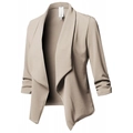 Slim fit khaki long sleeve open front blazer with unique ruched cuffs for women - S / Khaki