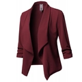 Detailed view of women's burgundy blazer featuring ruched 3/4 sleeves and shawl collar - S / Burgundy