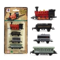 Retro die-cast steam train set with red locomotive and colorful carriages in blister pack - Red
