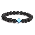 Tiger eye and lava stone bead bracelet with a blue hematite cross on white background - Blue