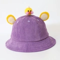 Purple corduroy kids bucket hat featuring a yellow plush cartoon chick and 3D ears - Baby 49-50cm / Purple (Duck)