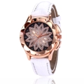 Women's rose gold watch with white leather strap and diamond flower dial design - White