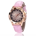Elegant ladies quartz watch with pink leather strap and rose gold floral diamond dial - Pink