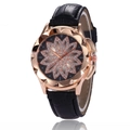 Women's quartz watch with rose gold case, leather strap, and diamond floral dial design - Black