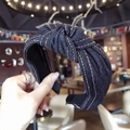 Dark blue denim knotted headband with pink stitching for women's casual hair accessory - Black Denim