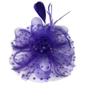 Elegante dieppaarse fascinator met mesh sluier, veren en versierde parel accenten - Paars