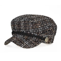 Detail of tweed newsboy cap featuring textured weave and gold anchor button detail - Adjustable / Black White Tan Tweed Style (3)