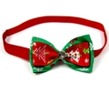 Christmas dog bowtie in red and green ribbon with snowflake patterns and rhinestone - 1*(20-36)CM / Snowflake Xmas Tree Rhinestone (VN088-9)