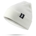 Winter warm white knitted beanie hat with black TRUE woven label and ribbed texture - White