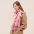 Soft pink cashmere blend winter scarf with fringe details styled with a tan coat - Baby Pink