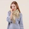 Thick beige cashmere wool blend scarf with fringe detail worn with lavender sweater - Beige