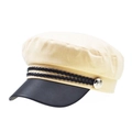 Detail of beige baker boy hat with black faux leather brim and silver metal button - M (56-58cm) / Cotton/PU Leather / Cotton Beige