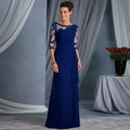 Elegant floor-length royal blue dress with lace sleeves and pleated chiffon details - S / Dresses / Navy Blue